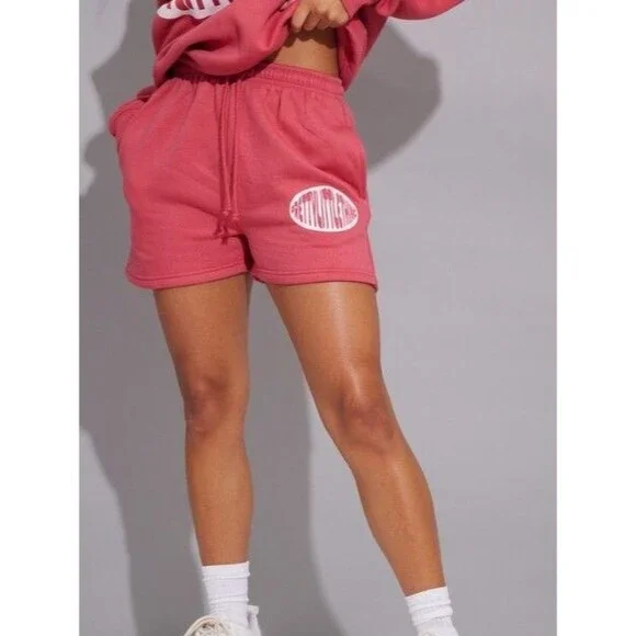 NWT PrettyLittleThing Pink Shorts Dark Rose Fleece Logo Elastic Waist Size Small - Picture 2 of 5